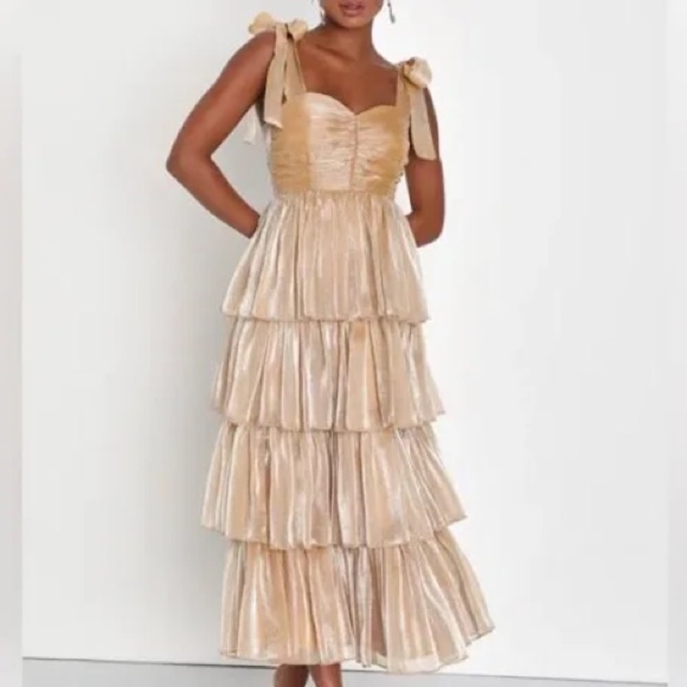 Lulu’s gold ruffled organza Radiant arrival maxi dress